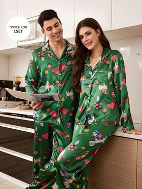 CoupledUp بيجامة زوجية من الساتان بطبعات كلب السجق الكاجوال الطريف، قلب، بالون، زهرة على الياقة، أكمام طويلة للرجال