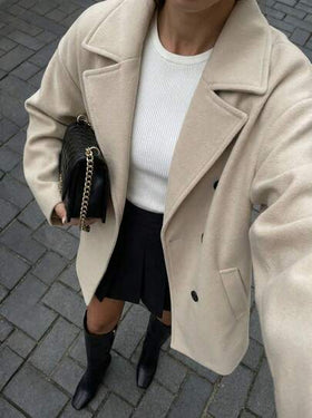 Buzzelle معطف نسائي أنيق من خليط الصوف اللون البيج، تصميم بسيط مع أزرار أمامية للشتاء