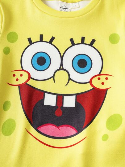 SpongeBob SquarePants | SHEIN بيجامة مكونة من ملابس علوية كم قصير وشورت بطبعة كرتونية للأولاد، مناسبة للارتداء