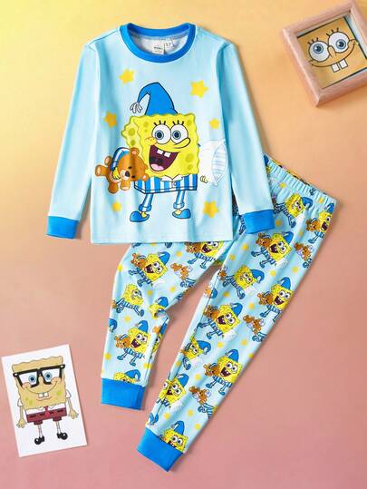SpongeBob SquarePants | SHEIN طقم بيجاما بتصميم كرتوني للأولاد، تتكون من ملابس علوية بياقة طاقم وأكمام طويلة وبنطلون مناسب للقياس