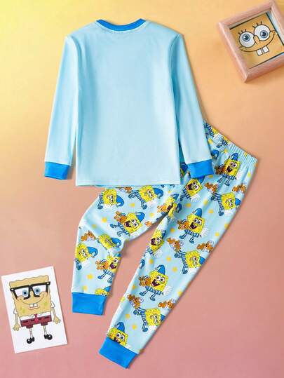 SpongeBob SquarePants | SHEIN طقم بيجاما بتصميم كرتوني للأولاد، تتكون من ملابس علوية بياقة طاقم وأكمام طويلة وبنطلون مناسب للقياس
