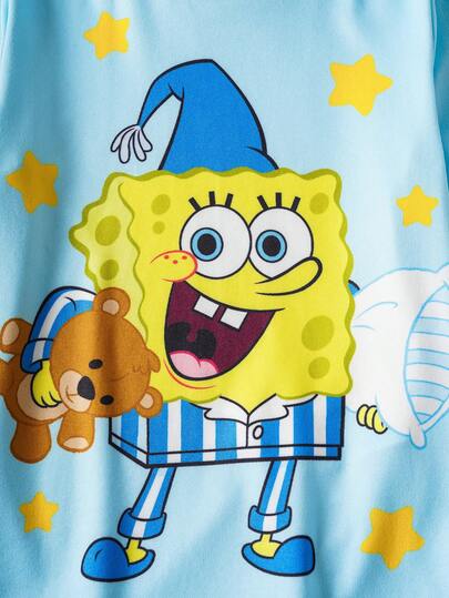SpongeBob SquarePants | SHEIN طقم بيجاما بتصميم كرتوني للأولاد، تتكون من ملابس علوية بياقة طاقم وأكمام طويلة وبنطلون مناسب للقياس