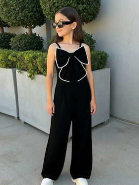 SHEIN جمبسوت سباغيتي بحمالات بنمط قماش منسوج، تصميم فرنسي بفيونكة، موضة راقية متميزة، بتصميم مستقيم ضيق مع ساق مستقيمة، مناسبة للربيع والصيف