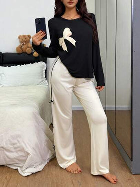 Dream Adore بيجامة نسائية كاجوال بياقة مستديرة وأكمام طويلة مطبوعة بالفيونكة