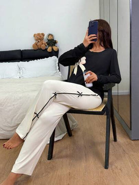 Dream Adore بيجامة نسائية كاجوال بياقة مستديرة وأكمام طويلة مطبوعة بالفيونكة