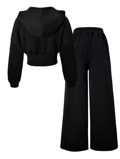 SHEIN مجموعة بنطلون وبلوزة رياضية كاجوال للبنات المراهقات، بتصميم أزهار بيضاء على خلفية رمادية، بسحاب وقطع فضفاضة، مناسبة للخريف والشتاء