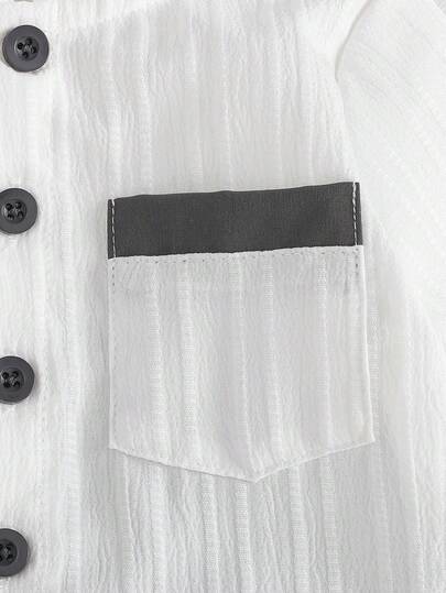 SHEIN Vintaside Kids مجموعة من قطعتين للأولاد الرضع، ملابس علوية بياقة مندرين وأكمام قصيرة مع أزرار وجيوب قصاصة، مقترن مع شورت ذو خصر مطاطي، ملابس كاجوال فضفاضة مريحة، وصول جديد للصيف