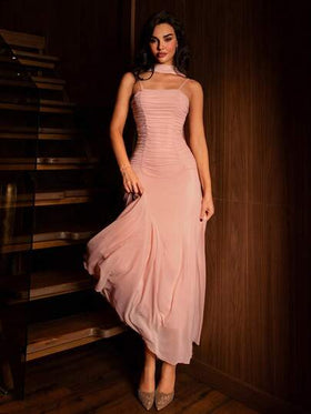 Modelyn فستان حفلات للنساء بتصميم كشكش وكشكشة بأشرطة رفيعة من الشبك الوردي، فستان ماكسي طويل أنيق للمناسبات الرسمية
