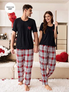 CoupledUp مجموعة بيجامة للرجال مكونة من ملابس علوية بأكمام قصيرة مطبوع عليه قلب وبنطال مربعات حمراء وبيضاء، بيجامات مطابقة للأزواج في عيد الحب