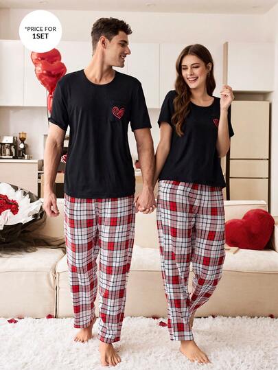 CoupledUp مجموعة بيجامة للرجال مكونة من ملابس علوية بأكمام قصيرة مطبوع عليه قلب وبنطال مربعات حمراء وبيضاء، بيجامات مطابقة للأزواج في عيد الحب