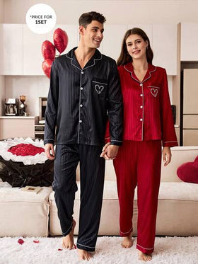 CoupledUp بيجامة رجالية طويلة الأكمام مكونة من سترة كارديجان ذات طوق وجيوب مطرزة وبنطال طويل من الحرير الصناعي المخطط