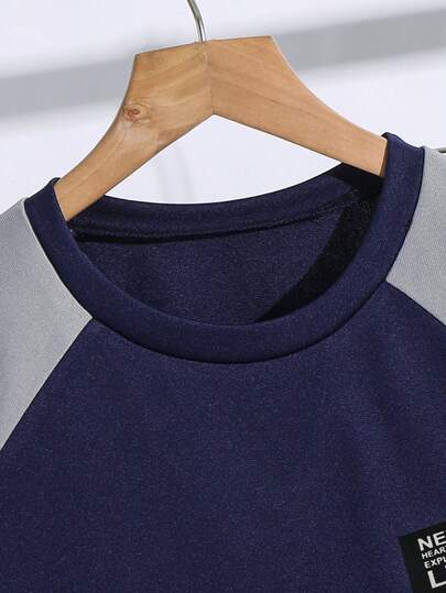 SHEIN مجموعة ملابس علوية وبنطلون بتصميم ألوان متباينة للأولاد المراهقين، قابلة للارتداء في المناسبات اليومية والمدرسة والرياضة، مناسبة للربيع والصيف