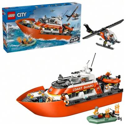 LEGO ألعاب بناء طقم إنقاذ قارب وطائرة هليكوبتر لحرس السواحل في مدينة ليغو - لعب تظاهري للأولاد والبنات، من عمر 7 سنوات فما فوق - مع 2 لعبة قارب إنقاذ، 5 شخصيات صغيرة وشكل كلب - فكرة هدية لأعياد الميلاد - 60504