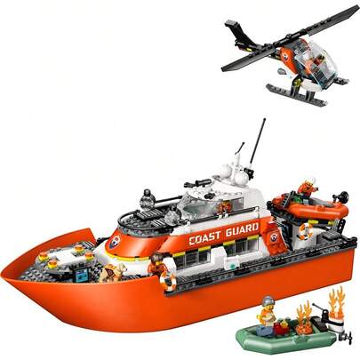 LEGO ألعاب بناء طقم إنقاذ قارب وطائرة هليكوبتر لحرس السواحل في مدينة ليغو - لعب تظاهري للأولاد والبنات، من عمر 7 سنوات فما فوق - مع 2 لعبة قارب إنقاذ، 5 شخصيات صغيرة وشكل كلب - فكرة هدية لأعياد الميلاد - 60504
