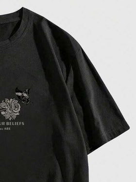 ROMWE MEN Goth قميص تي شيرت كاجوال للرجال بطبعة جمجمة وزهور، صيفي