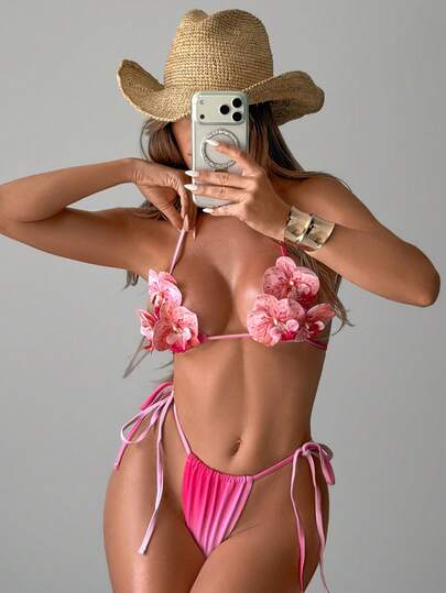 Swim SXY مجموعة من قطعتين بيكيني مثلث أومبير مزين بزهور ثلاثية الأبعاد، بتصميم عنق الحلقة، ملابس سباحة أنيقة فاخرة للشاطئ والحمام والحفلات وعيد الميلاد للنساء