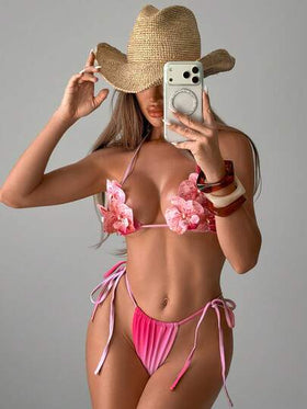 Swim SXY مجموعة من قطعتين بيكيني مثلث أومبير مزين بزهور ثلاثية الأبعاد، بتصميم عنق الحلقة، ملابس سباحة أنيقة فاخرة للشاطئ والحمام والحفلات وعيد الميلاد للنساء