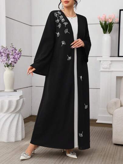 Al Najma رمضان عباءة عربية أنيقة للنساء باللون الأسود مع خرز فقاعي ملتوي، مناسبة للربيع والصيف