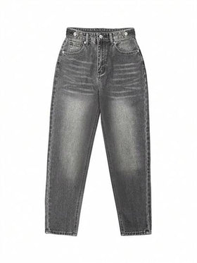 بنطلون جينز رمادي فاتح فضفاض عصري ذو تصميم متقارب، بنطلون جزرة، موضة الربيع/الصيف للعطلات