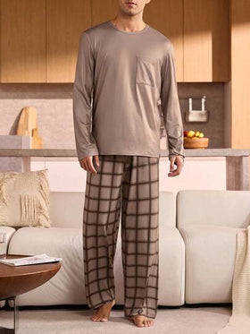 Manfinity Underwear&Sleepwear Basics بدلة نوم للرجال كبار الحجم من قطعتين، ملابس علوية لون سادة وبنطلون مربعات