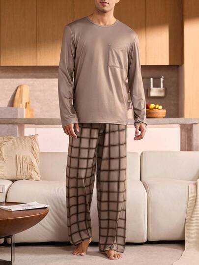 Manfinity Underwear&Sleepwear Basics بدلة نوم للرجال كبار الحجم من قطعتين، ملابس علوية لون سادة وبنطلون مربعات