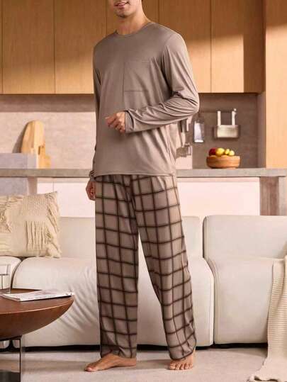 Manfinity Underwear&Sleepwear Basics بدلة نوم للرجال كبار الحجم من قطعتين، ملابس علوية لون سادة وبنطلون مربعات