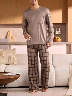 Manfinity Underwear&Sleepwear Basics بدلة نوم للرجال كبار الحجم من قطعتين، ملابس علوية لون سادة وبنطلون مربعات