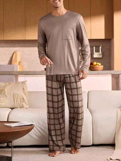 Manfinity Underwear&Sleepwear Basics بدلة نوم للرجال كبار الحجم من قطعتين، ملابس علوية لون سادة وبنطلون مربعات