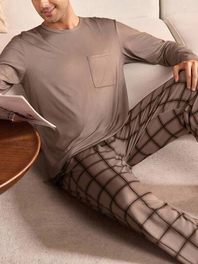 Manfinity Underwear&Sleepwear Basics بدلة نوم للرجال كبار الحجم من قطعتين، ملابس علوية لون سادة وبنطلون مربعات