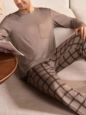 Manfinity Underwear&Sleepwear Basics بدلة نوم للرجال كبار الحجم من قطعتين، ملابس علوية لون سادة وبنطلون مربعات