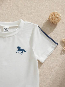 SHEIN Playful Pals مجموعة ملابس علوية وبنطلون قصير الأكمام للأطفال/الأولاد الرضع باللونين الأسود والأبيض، مزينة بشريط جانبي وطباعة الحصان، أنيقة وعصرية للارتداء في المنزل أو الخارج في الصيف