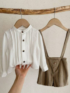 SHEIN مجموعة ملابس طفل صبي صغير بتصميم رسمي، قميص أبيض بأكمام طويلة وشورت مخطط بحمالات، طقم أنيق للربيع/الصيف، مناسب للمناسبات والأعياد والمعمودية وحفلات الاستحمام والزفاف وحامل الخاتم