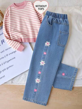 SHEIN 1 قطعة جينز مستقيم الساق بطبعة زهرية كاجوال كولومبي للبنات