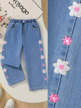 SHEIN 1 قطعة جينز مستقيم الساق بطبعة زهرية كاجوال كولومبي للبنات