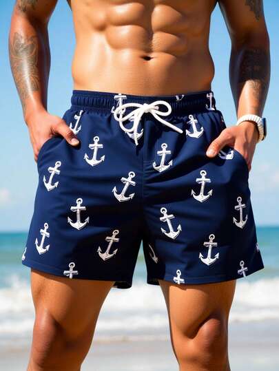 Manfinity Swimmode شورت شاطئ للرجال بخصر مرن مطبوع عليه رسم المرساة وجيوب