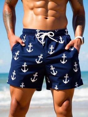 Manfinity Swimmode شورت شاطئ للرجال بخصر مرن مطبوع عليه رسم المرساة وجيوب