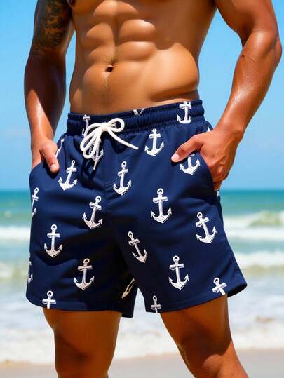 Manfinity Swimmode شورت شاطئ للرجال بخصر مرن مطبوع عليه رسم المرساة وجيوب