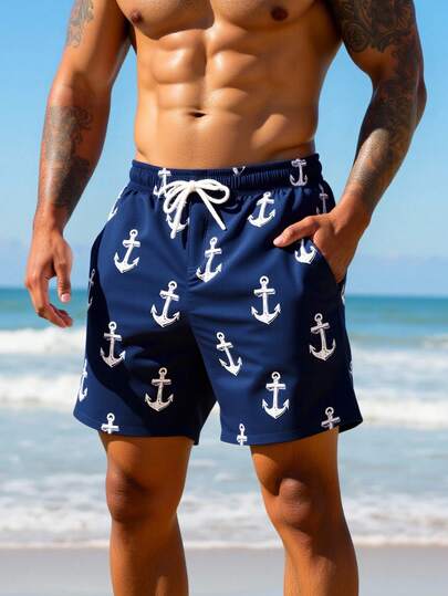 Manfinity Swimmode شورت شاطئ للرجال بخصر مرن مطبوع عليه رسم المرساة وجيوب