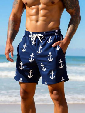 Manfinity Swimmode شورت شاطئ للرجال بخصر مرن مطبوع عليه رسم المرساة وجيوب