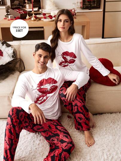 CoupledUp بيجامة رجالية طويلة الأكمام بطبعة الشفاه وألوان متباينة