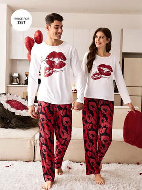 CoupledUp بيجامة رجالية طويلة الأكمام بطبعة الشفاه وألوان متباينة