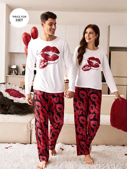 CoupledUp بيجامة رجالية طويلة الأكمام بطبعة الشفاه وألوان متباينة