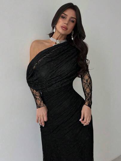 Firerie فستان نسائي أنيق جديد للخريف/الشتاء بأكمام طويلة وكتف غير متماثل وخصر مطوي بالدانتيل، فستان طويل أسود متعدد الاستخدامات للحياة اليومية والحفلات والمطار والمعلمين والخروجات والضيوف في الأعراس