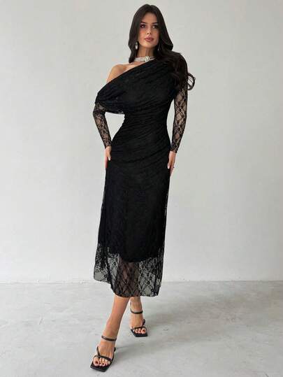 Firerie فستان نسائي أنيق جديد للخريف/الشتاء بأكمام طويلة وكتف غير متماثل وخصر مطوي بالدانتيل، فستان طويل أسود متعدد الاستخدامات للحياة اليومية والحفلات والمطار والمعلمين والخروجات والضيوف في الأعراس