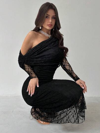 Firerie فستان نسائي أنيق جديد للخريف/الشتاء بأكمام طويلة وكتف غير متماثل وخصر مطوي بالدانتيل، فستان طويل أسود متعدد الاستخدامات للحياة اليومية والحفلات والمطار والمعلمين والخروجات والضيوف في الأعراس