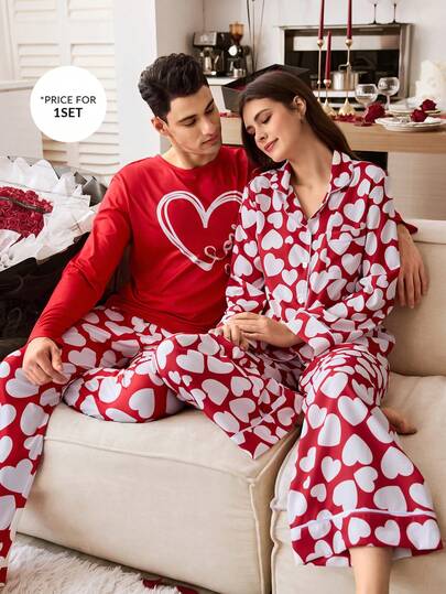 CoupledUp بيجامة رجالية بأكمام طويلة وبنطال، بتصميم قلب وكتابة إنجليزية بألوان متباينة لعيد الحب