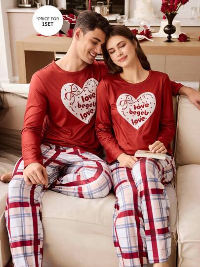CoupledUp بيجامة مجموعة بنطلون وبلوزة طويلة الأكمام بتصميم قلب وفيونكة مع ألوان متباينة، مناسبة لفصل الخريف