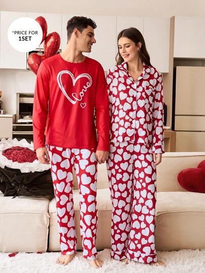 CoupledUp بيجامة رجالية بأكمام طويلة وبنطال، بتصميم قلب وكتابة إنجليزية بألوان متباينة لعيد الحب