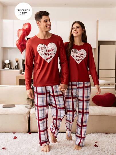 CoupledUp بيجامة مجموعة بنطلون وبلوزة طويلة الأكمام بتصميم قلب وفيونكة مع ألوان متباينة، مناسبة لفصل الخريف