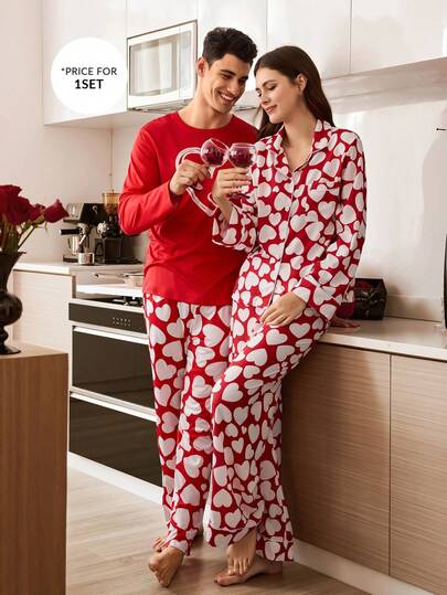 CoupledUp بيجامة رجالية بأكمام طويلة وبنطال، بتصميم قلب وكتابة إنجليزية بألوان متباينة لعيد الحب